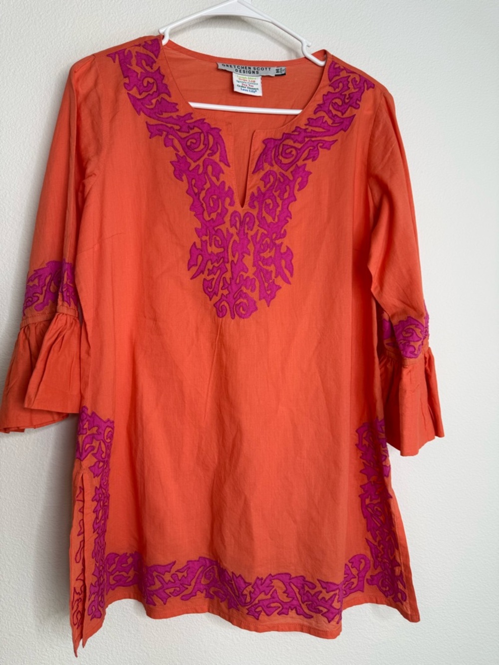 Gretchen Scott Cotton Embroidered Tunic orange and pink Sz Medium